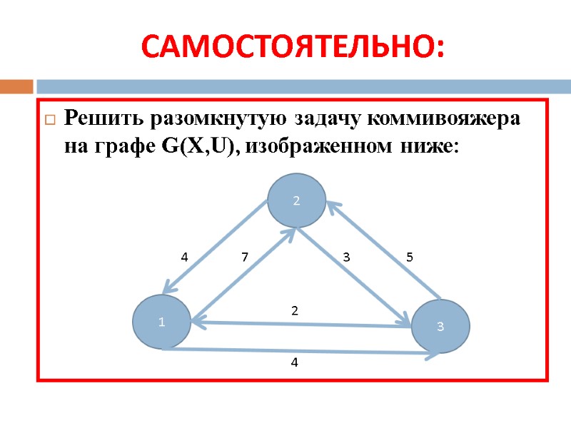 САМОСТОЯТЕЛЬНО: Решить разомкнутую задачу коммивояжера на графе G(X,U), изображенном ниже: 2 3 1 